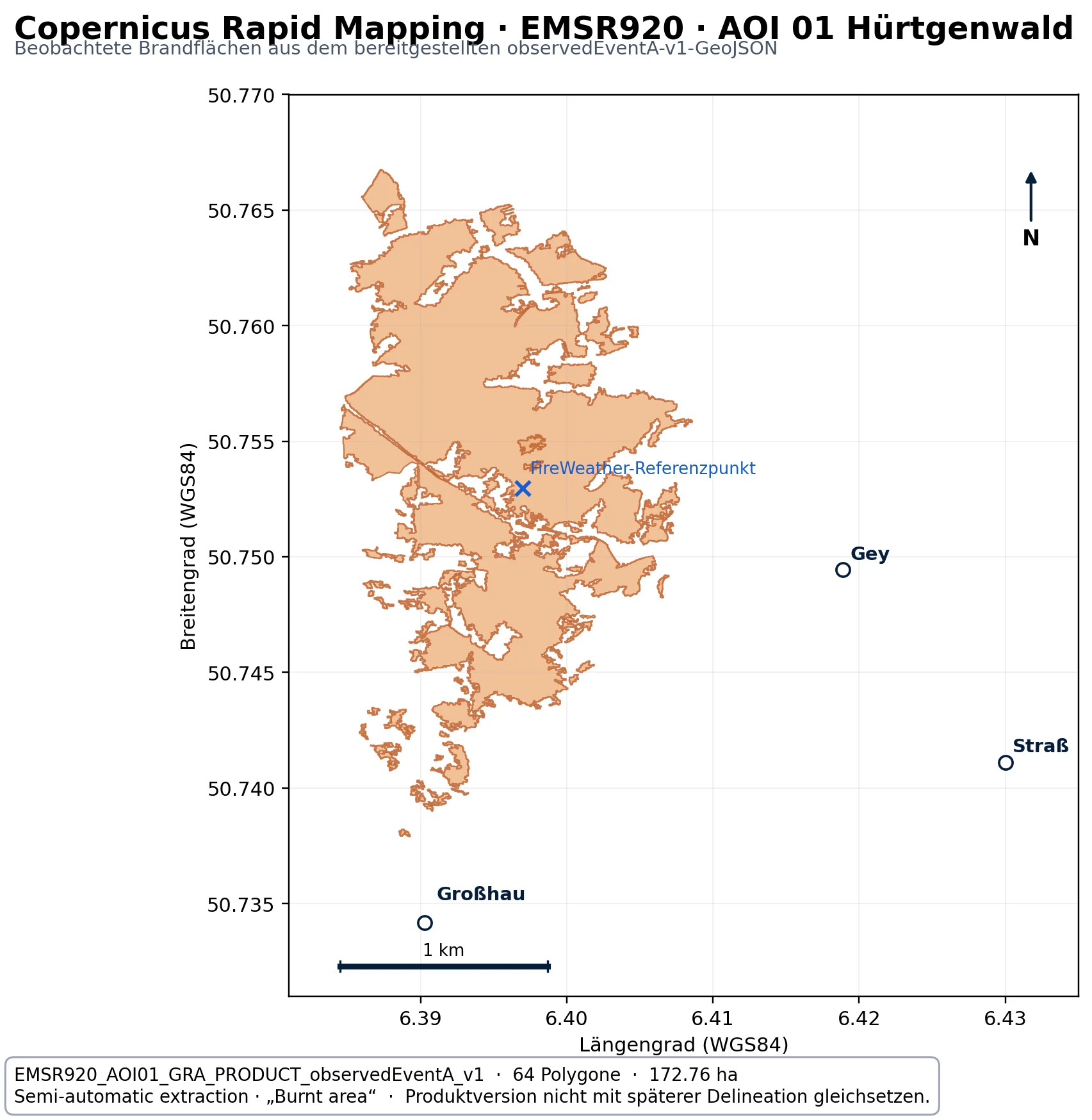 Copernicus-Karte der kartierten Brandflächen im Hürtgenwald