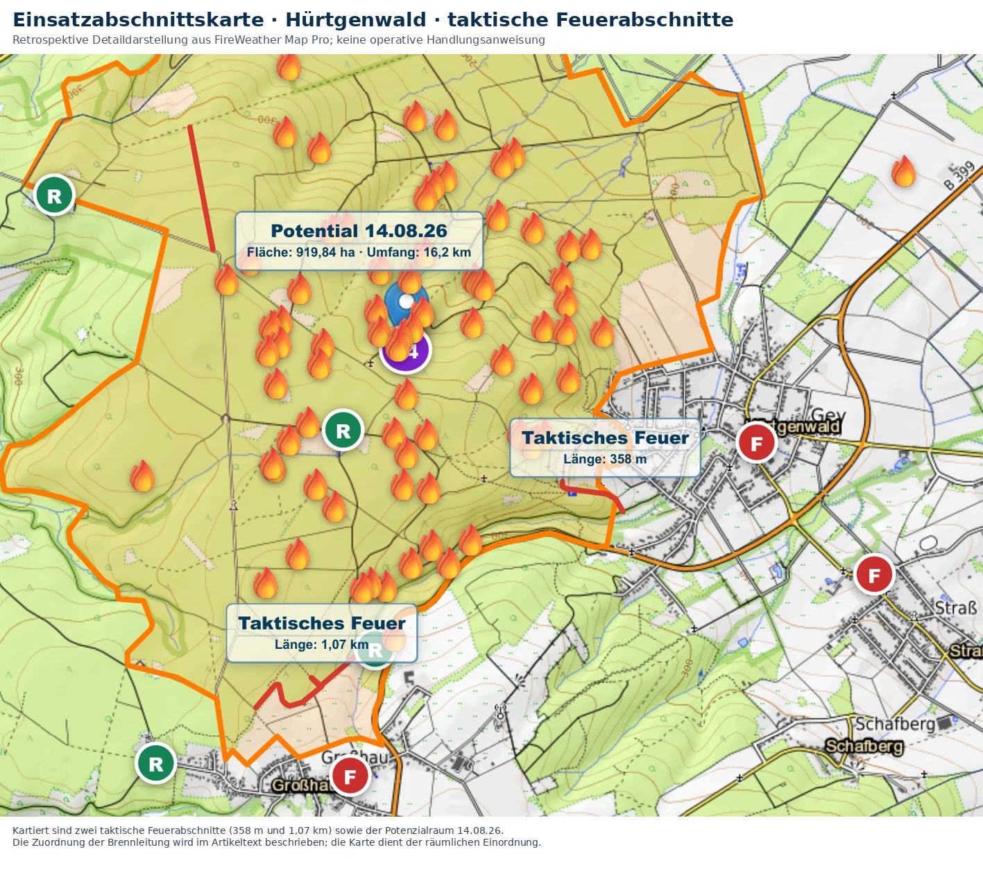 Karte mit Potentialraum und taktischen Feuerabschnitten